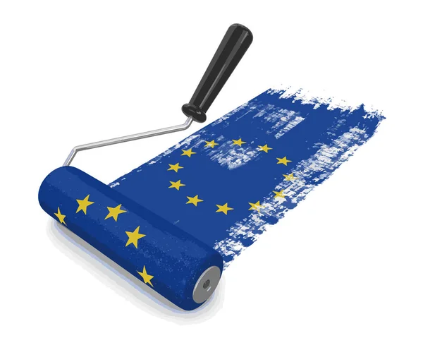 Rouleau de peinture avec drapeau de l'Union européenne. Image avec chemin de coupure — Image vectorielle