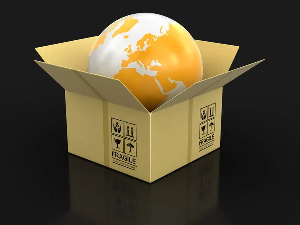 Offenes Paket mit Globus. Bild mit Ausschnittspfad — Stockfoto