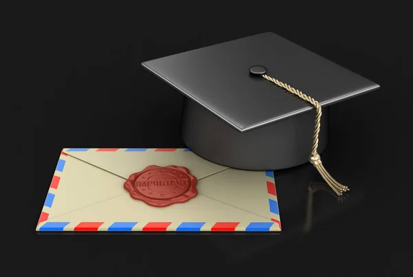 Tapa de graduación y carta con sello de cera. Imagen con ruta de recorte — Foto de Stock