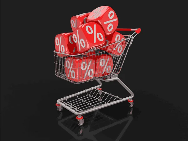 Shopping Cart and Dices with percent sign. Image with clipping path — Stock Vector