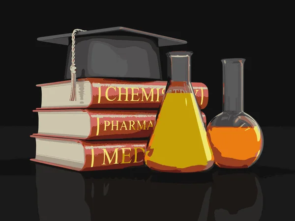Stack of textbooks and flasks. Image with clipping path — Stock Vector
