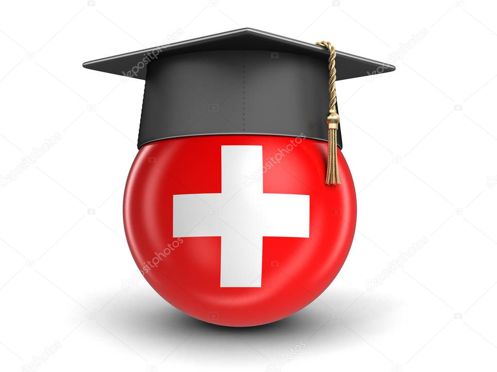 Graduation cap and Swiss flag. Image with clipping path