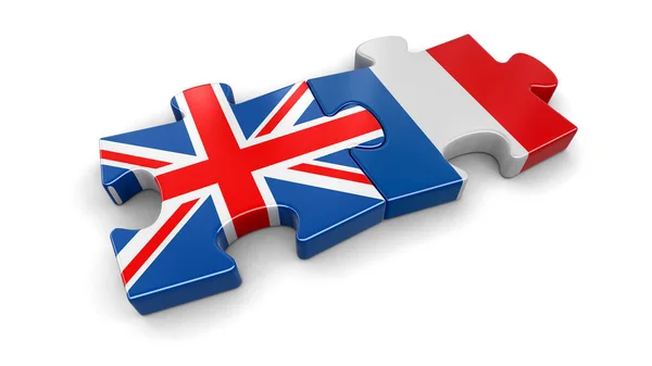 Quebra-cabeça Reino Unido e França de bandeiras. Imagem com caminho de recorte — Fotografia de Stock