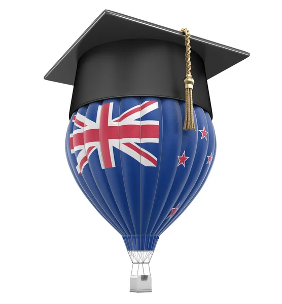 Hot Air Balloon with New Zealand Flag and Graduation cap. Image with clipping path — Stock Photo, Image