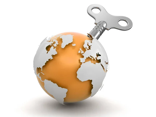 3d Globe  with winding key. Image with clipping path — Stock Photo, Image