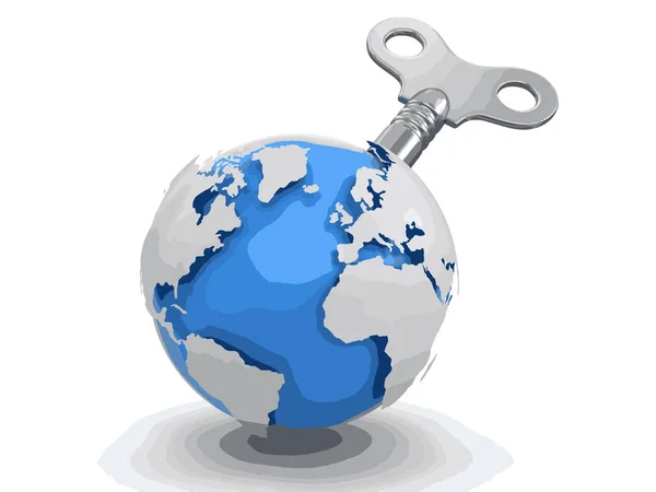 3D globe met kronkelende sleutel. Afbeelding met uitknippad — Stockvector