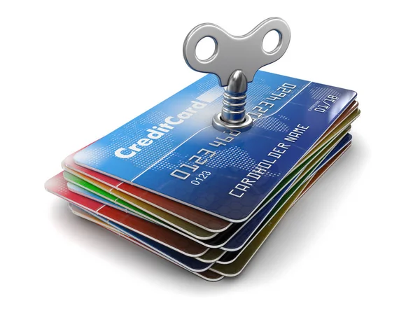 Credit Cards with winding key. Image with clipping path — Stock Photo, Image