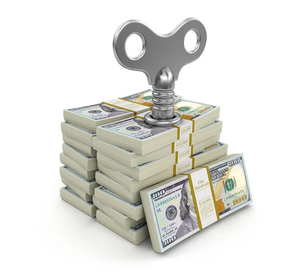 Pile of Dollars with winding key. Image with clipping path — Stock Photo, Image