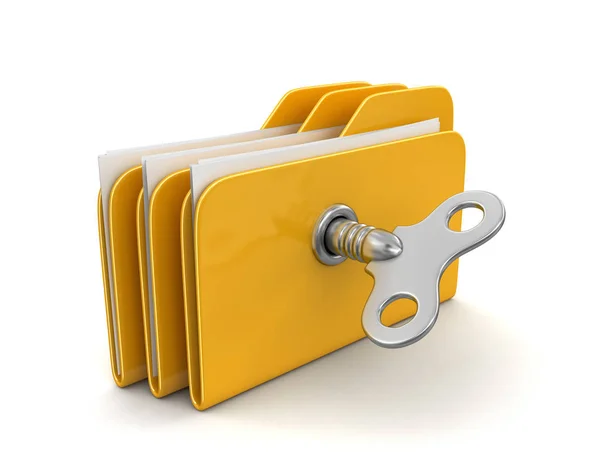 Folder i pliki z klucz do nakręcania. Obraz ze ścieżką przycinającą — Zdjęcie stockowe