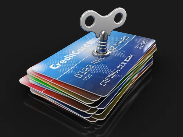 Credit Cards with winding key. Image with clipping path — Stock Photo, Image