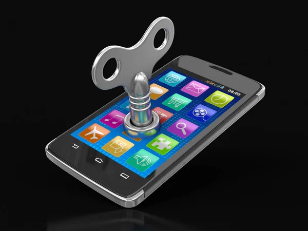 Touchscreen smartphone with winding key. Image with clipping path. — Stock Photo, Image