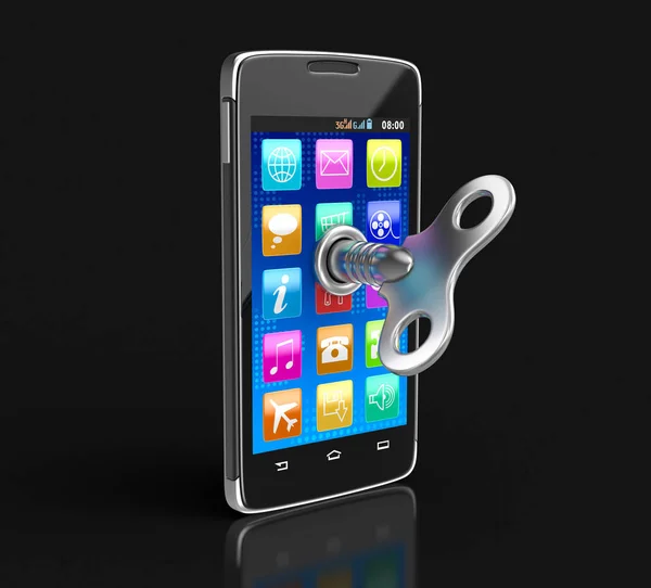 Smartphone à écran tactile avec clé de remontage. Image avec chemin de coupure . — Photo