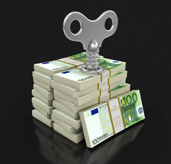 Pile of Euros with winding key. Image with clipping path — Stock Photo, Image