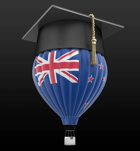Hot Air Balloon, Új-Zéland zászló és érettségi kupakkal. Kép Vágógörbe — Stock Fotó
