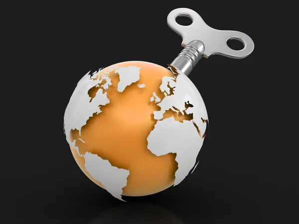 3D Globus z klucz do nakręcania. Obraz ze ścieżką przycinającą — Zdjęcie stockowe