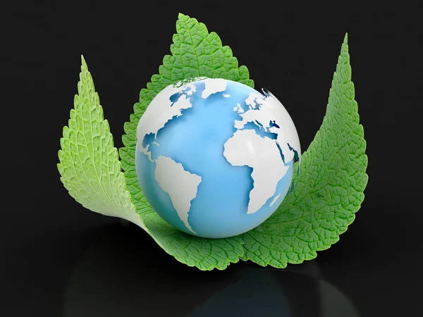 3d Globe on leaves. Image with clipping path