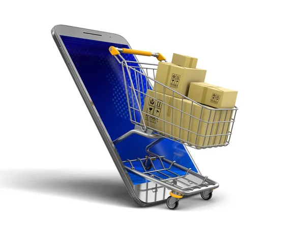 Smartphone con pantalla táctil, cesta de la compra y paquetes. Imagen con ruta de recorte — Foto de Stock