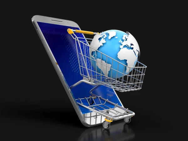 Érintőképernyős okostelefon és a bevásárló kosár Globe. Kép Vágógörbe — Stock Fotó