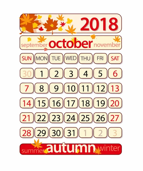 Takvim - Ekim 2018 (dahil kırpma yolu) — Stok Vektör