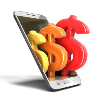 Dolar işareti olan dokunmatik ekran smartphone. Görüntü kırpma yolu ile.