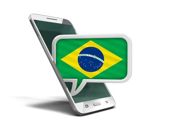 Smartphone touchscreen e bolha de fala com bandeira brasileira. Imagem com caminho de recorte — Fotografia de Stock