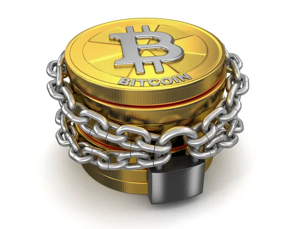 Stapel aus goldenem Bitcoin und Kette. Bild mit Ausschnittspfad — Stockfoto