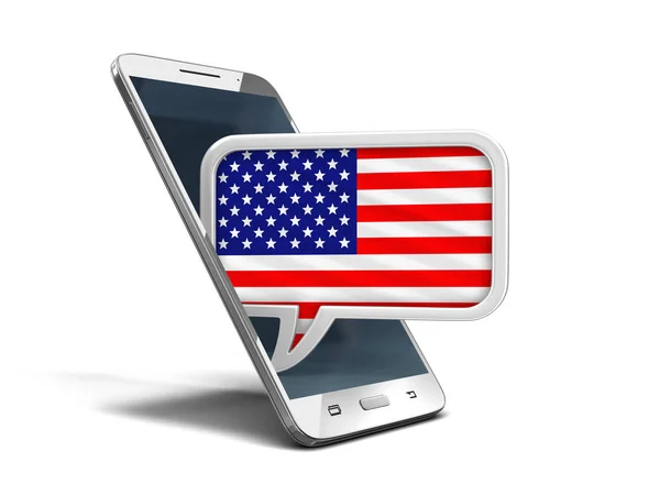 Dokunmatik ekran smartphone ve konuşma balonu ABD bayrağı ile. Görüntü kırpma yolu ile — Stok fotoğraf
