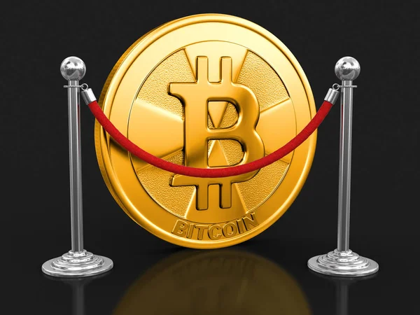 Goldene Bitcoin- und Chromstangen mit Seil. Bild mit Ausschnittspfad — Stockfoto