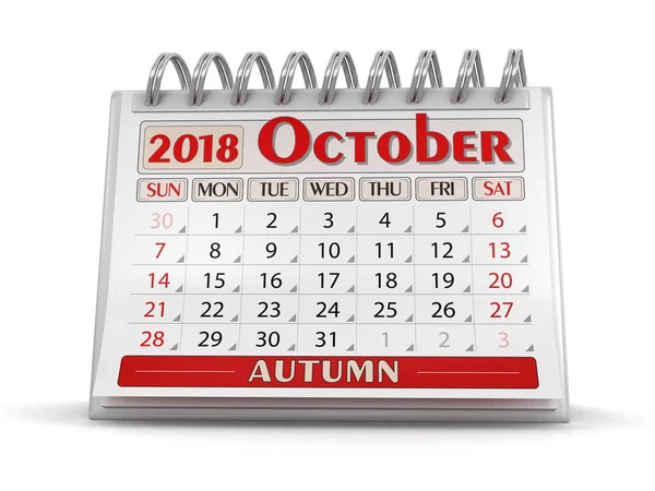 Calendário - Outubro 2018 (caminho de recorte incluído ) — Fotografia de Stock