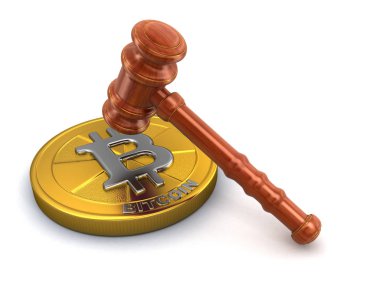 3D ahşap çekiç ve Bitcoin. Görüntü kırpma yolu ile
