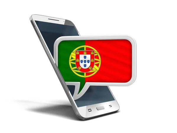 Smartphone con pantalla táctil y burbuja de voz con bandera portuguesa. Imagen con ruta de recorte —  Fotos de Stock