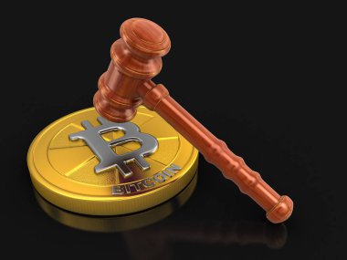 3D ahşap çekiç ve Bitcoin. Görüntü kırpma yolu ile
