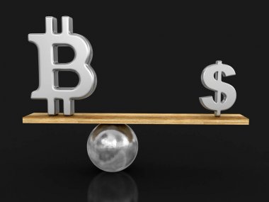 Bitcoin ve dolar işareti tahta üzerinde dengeli. Görüntü kırpma yolu ile