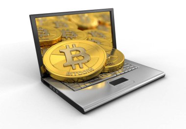Dizüstü bilgisayar ve bitcoins. Görüntü kırpma yolu ile