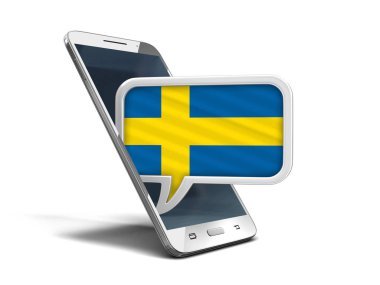 Dokunmatik ekran smartphone ve konuşma balonu İsveç bandıralı ile. Görüntü kırpma yolu ile