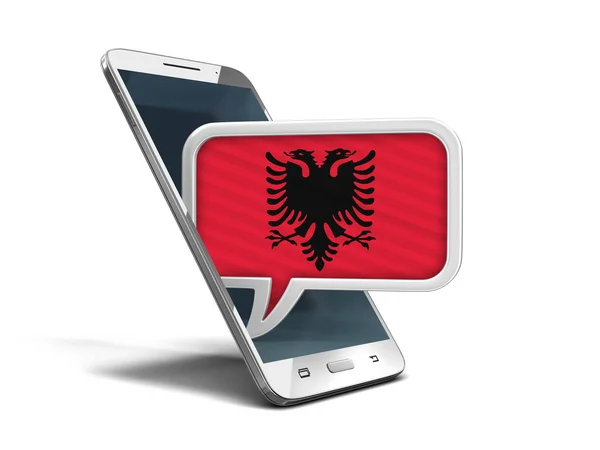 Érintőképernyős okostelefon és a beszéd buborék albán zászló. Kép Vágógörbe — Stock Fotó