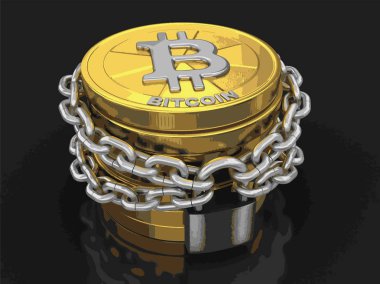 Altın bitcoin ve zincir yığını. Görüntü kırpma yolu ile