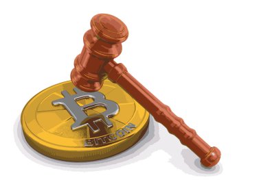 3D ahşap çekiç ve Bitcoin. Görüntü kırpma yolu ile