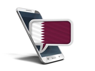 Dokunmatik ekran smartphone ve konuşma balonu Katar bayrak ile. Görüntü kırpma yolu ile