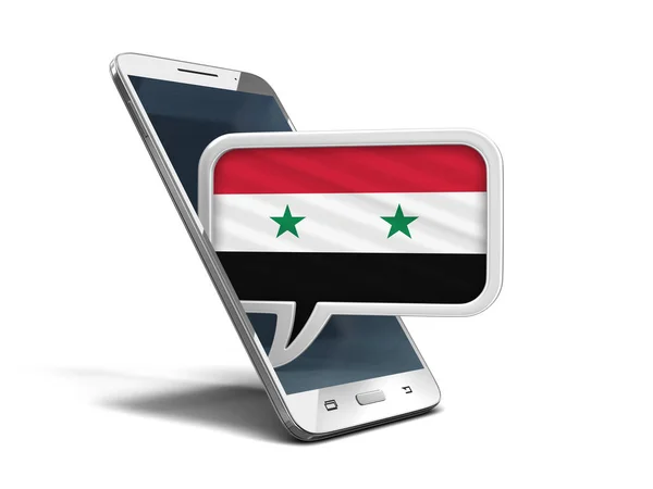Smartphone Touchscreen e bolha de fala com bandeira síria. Imagem com caminho de recorte — Fotografia de Stock