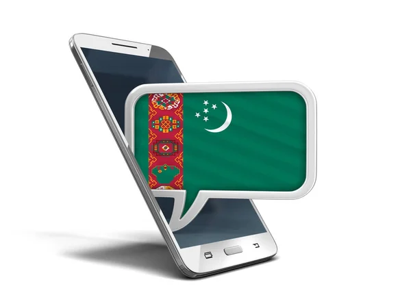タッチ スクリーンのスマート フォンとトルクメニスタンの旗と吹き出し。クリッピング パスとイメージ — ストック写真