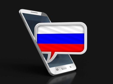 Dokunmatik ekran smartphone ve konuşma balonu Rus bayrağı ile. Görüntü kırpma yolu ile