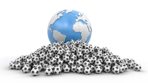 Pile of Soccer footballs and Globe. Image with clipping path