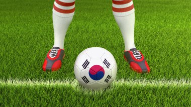 Güney Kore bayrağı ile adam ve futbol topu 