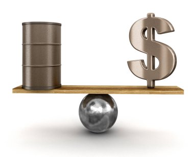 Petrol varil ve dolar işareti tahta üzerinde dengeli. Görüntü kırpma yolu ile