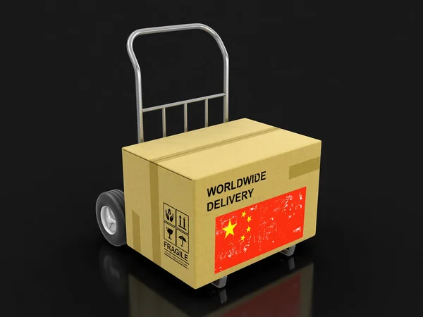 Cardboard Box Hand Truck Chinese Flag Image Clipping Path — Stock Photo, Image
