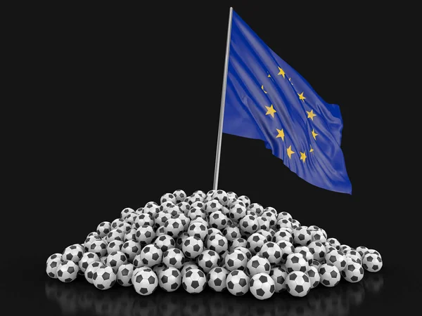 Куча Футбольных Мячей Флаг Европейского Союза Изображение Пути Обрезки — стоковое фото