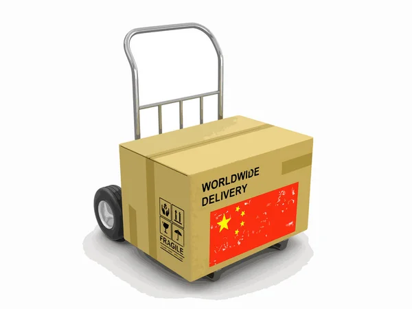 Cardboard Box Hand Truck Chinese Flag Image Clipping Path — Stock Vector