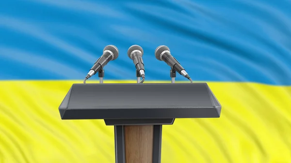 Podium Lectern Met Microfoons Oekraïense Vlag Achtergrond — Stockfoto