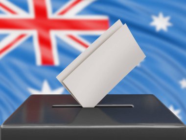 Arka planda Avustralya bayrağı olan oy sandığı 
